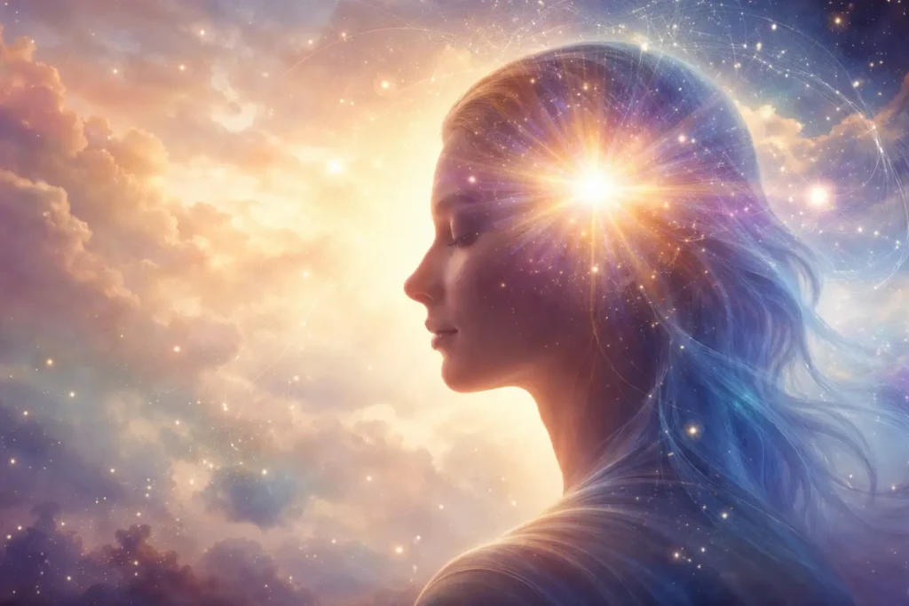 Person in profile with a glowing light at the forehead, symbolizing spiritual insight that feels meaningful before it is fully understood