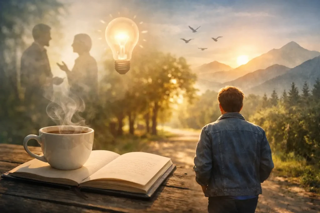 Person reflecting during an ordinary everyday moment, representing spiritual insight as inner clarity in daily life