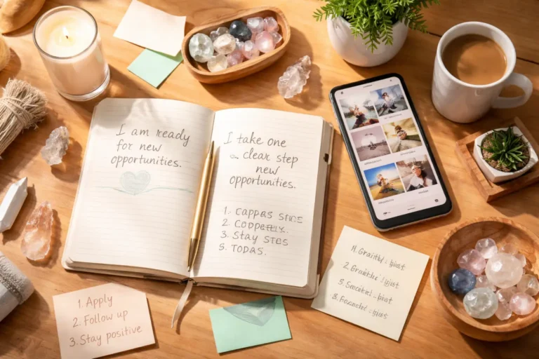 Desk scene with an open notebook of affirmations and next-step notes, crystals, a candle, coffee, and a phone showing a vision board—illustrating common manifestation techniques.