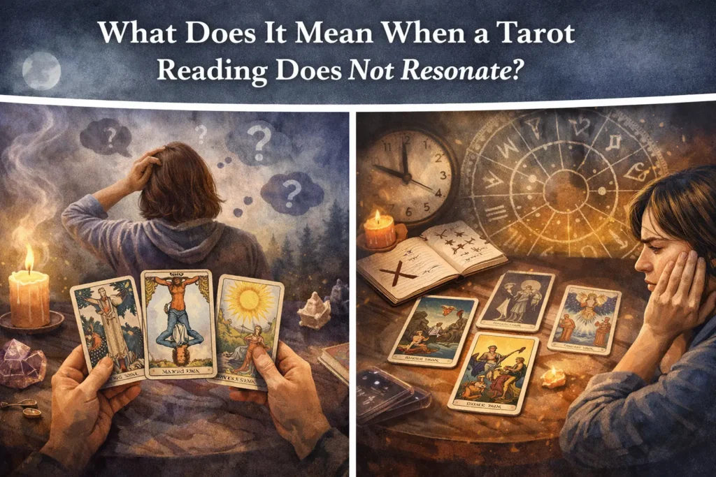what-does-it-mean-when-a-tarot-reading-does-not-resonate Person looking at tarot cards that feel unclear or unrelated, illustrating a tarot reading that does not resonate