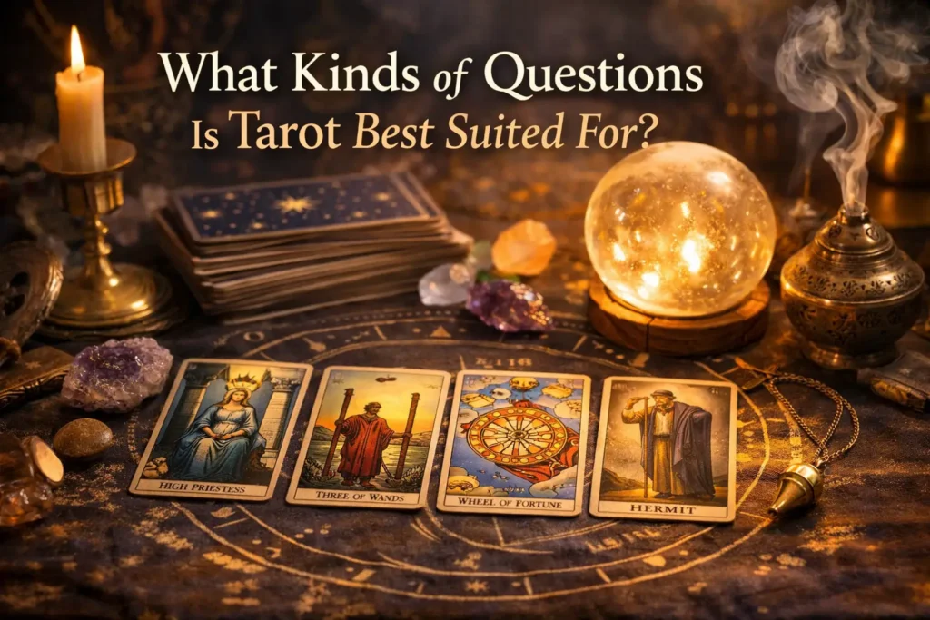 Tarot cards on a table with candles and crystals illustrating what kinds of questions tarot is best suited for, such as exploring situations and understanding patterns