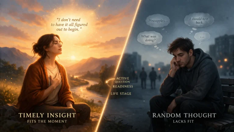 Illustration showing a timely spiritual insight versus a random thought, highlighting inner readiness, life stage, and present-moment relevance.