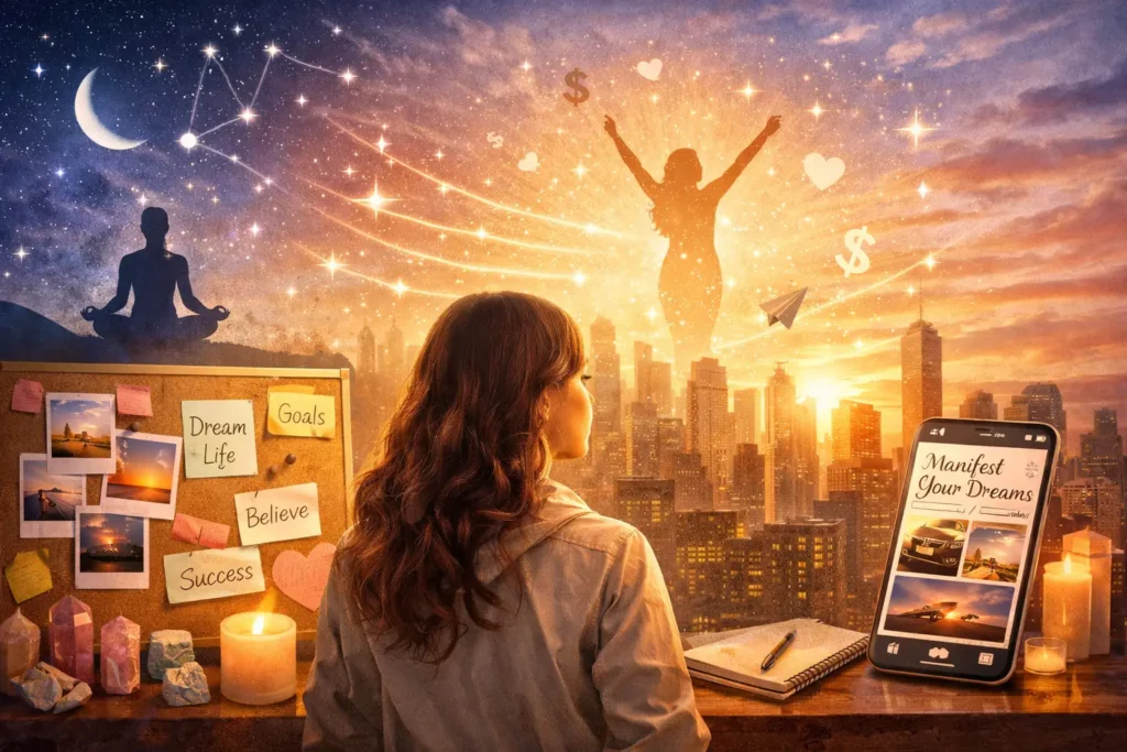 what-manifestation-means-in-modern-self-help-culture Illustration of manifestation in modern self-help culture with vision board, city skyline, and future-focused lifestyle imagery