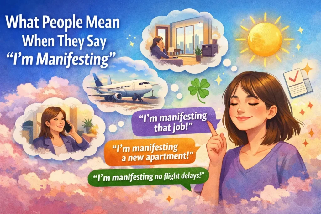 what-people-mean-when-they-say-im-manifesting-everyday-conversation Illustration explaining what people mean when they say “I’m manifesting” in everyday conversation, showing examples like manifesting a job, apartment, and smooth travel.