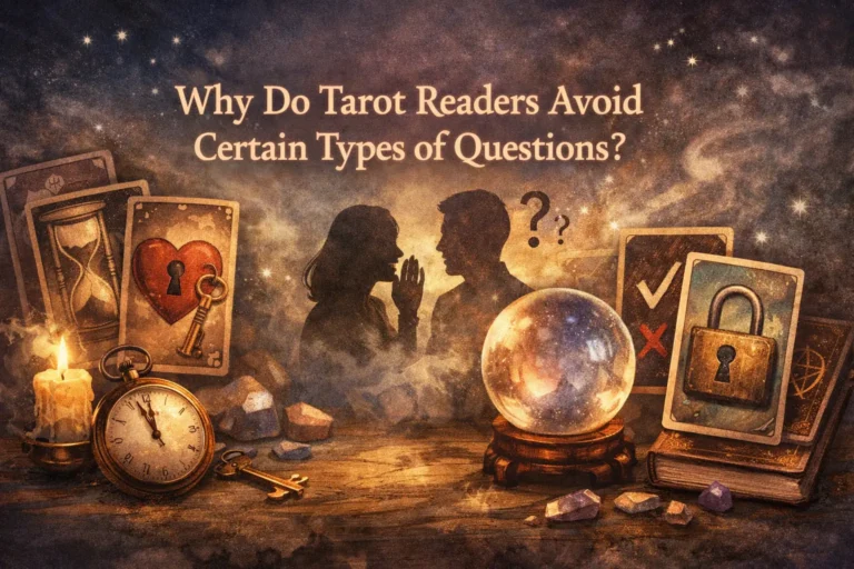 Tarot reading scene illustrating why some tarot readers avoid certain types of questions because of boundaries around prediction, privacy, and scope.