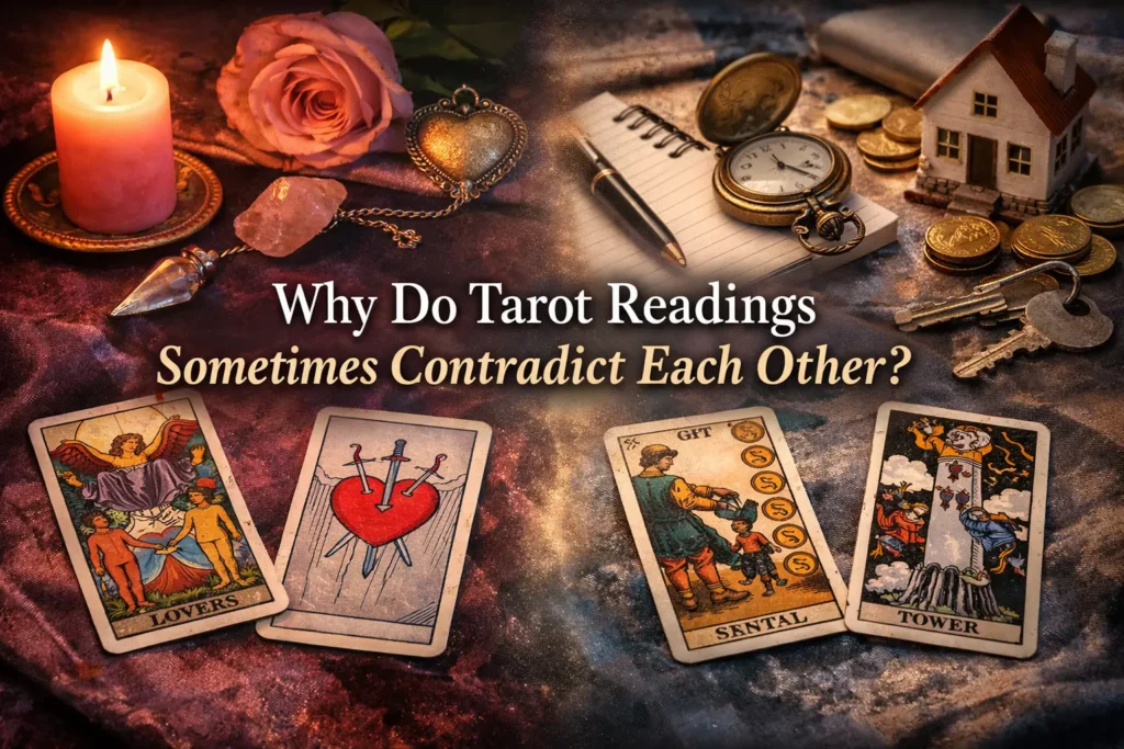why-do-tarot-readings-sometimes-contradict-each-other Split tarot scene showing two different readings side by side, illustrating why tarot readings can seem contradictory depending on question, timing, and context.