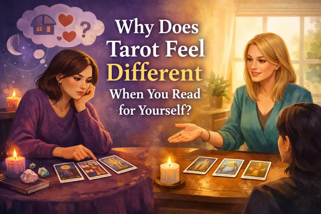 why-does-tarot-feel-different-when-you-read-for-yourself Person reading tarot for herself beside a tarot reading from another person, illustrating why self-reading can feel more personal and emotionally close.