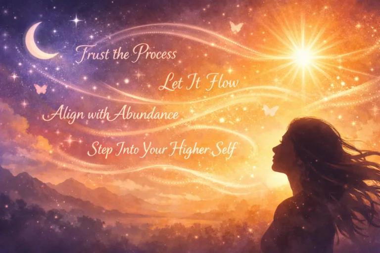 Illustration of a woman looking at a glowing sky with broad manifestation phrases, symbolizing why vague spiritual language can feel personally resonant.