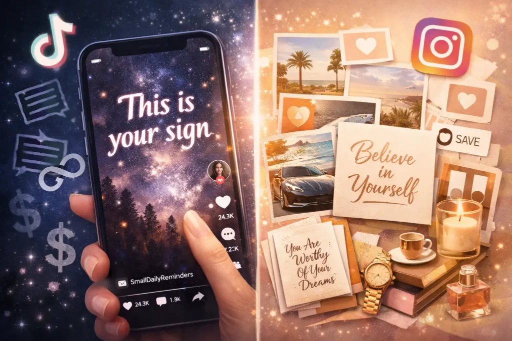 why-manifestation-content-is-popular-on-tiktok-and-instagram Illustration showing why manifestation content performs well on TikTok and Instagram through short-form discovery, visual aesthetics, saves, and repeated engagement.