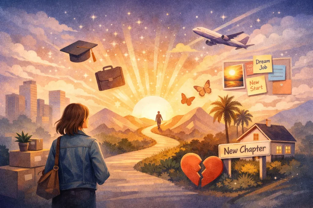 why-manifestation-is-appealing-during-major-life-transitions-hero Illustration of a person at a crossroads during a major life transition, with “new chapter” symbolism and future-focused imagery representing manifestation.