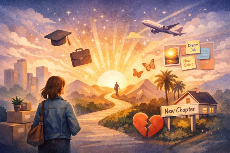 Illustration of a person at a crossroads during a major life transition, with “new chapter” symbolism and future-focused imagery representing manifestation.