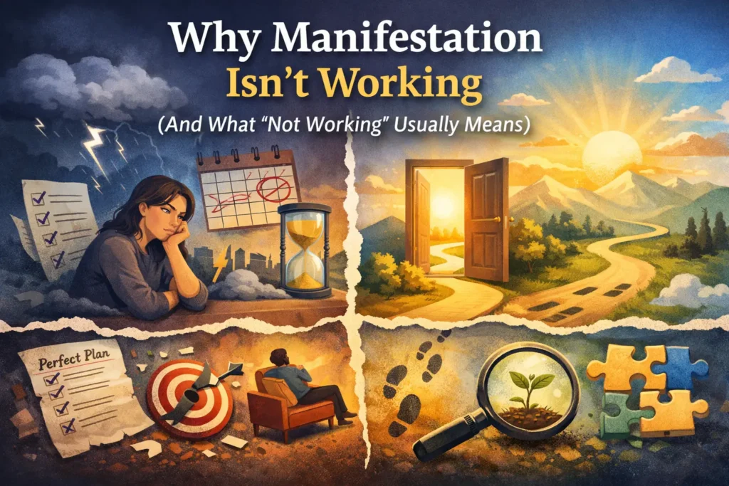 why-manifestation-isnt-working-meaning-calibration Illustration showing frustration with manifestation not working on one side and a brighter path forward on the other, highlighting expectation calibration, practical alignment, and external variables.