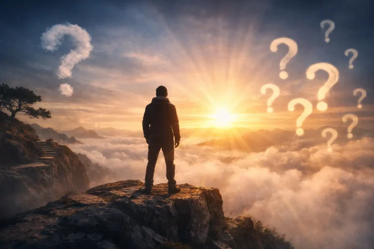 Person standing on a cliff at sunrise, symbolizing how spiritual insight can open new questions instead of giving final answers