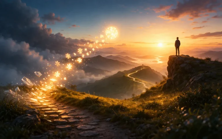 A person standing on a mountain cliff at sunrise while glowing pieces come together along a winding path, symbolizing how spiritual insight can develop gradually over time.