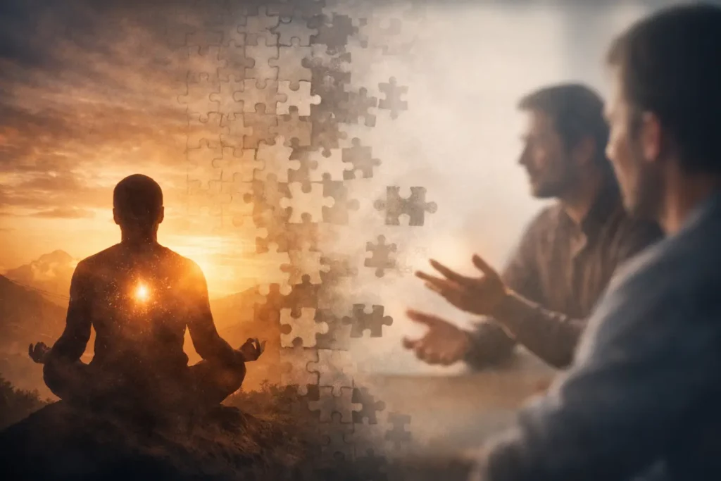 why-spiritual-insights-are-hard-to-explain-to-other-people Person trying to share a spiritual insight with others, showing the gap between a private inner experience and social understanding
