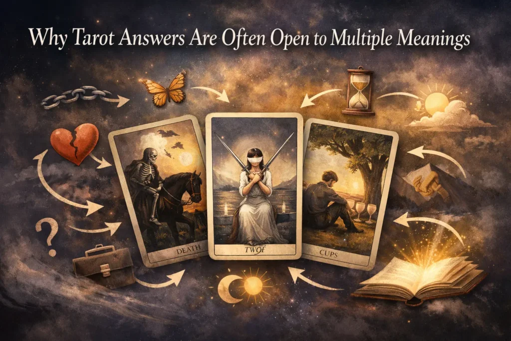 why-tarot-answers-are-often-open-to-multiple-meanings Tarot cards illustrating why tarot answers are often open to multiple meanings through related interpretations