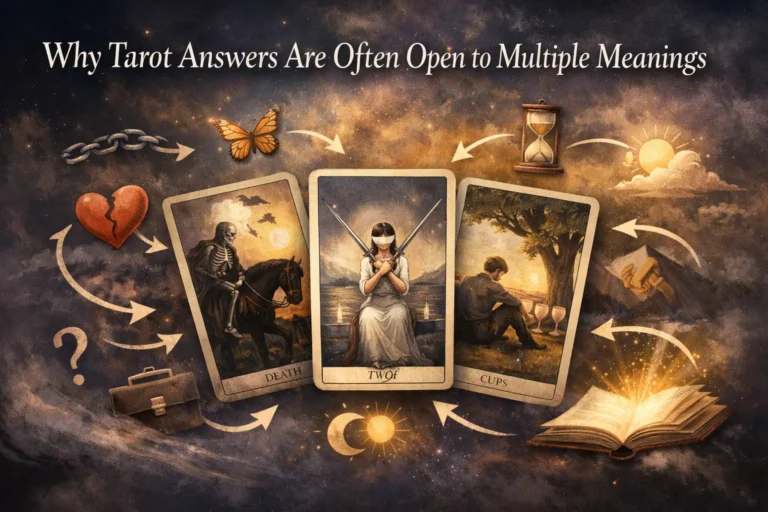 Tarot cards illustrating why tarot answers are often open to multiple meanings through related interpretations