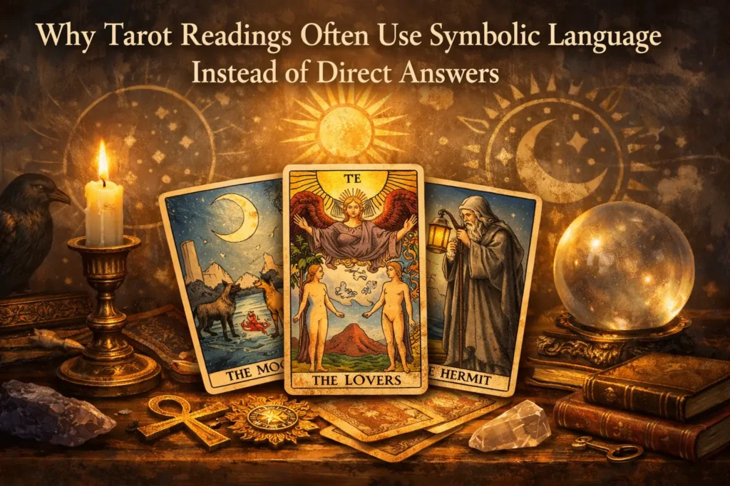 why-tarot-readings-use-symbolic-language-instead-of-direct-answers Tarot cards shown with symbolic imagery, illustrating why tarot readings often use symbolic language instead of direct answers