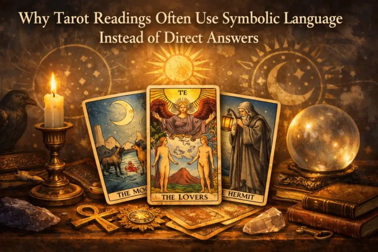 Tarot cards shown with symbolic imagery, illustrating why tarot readings often use symbolic language instead of direct answers